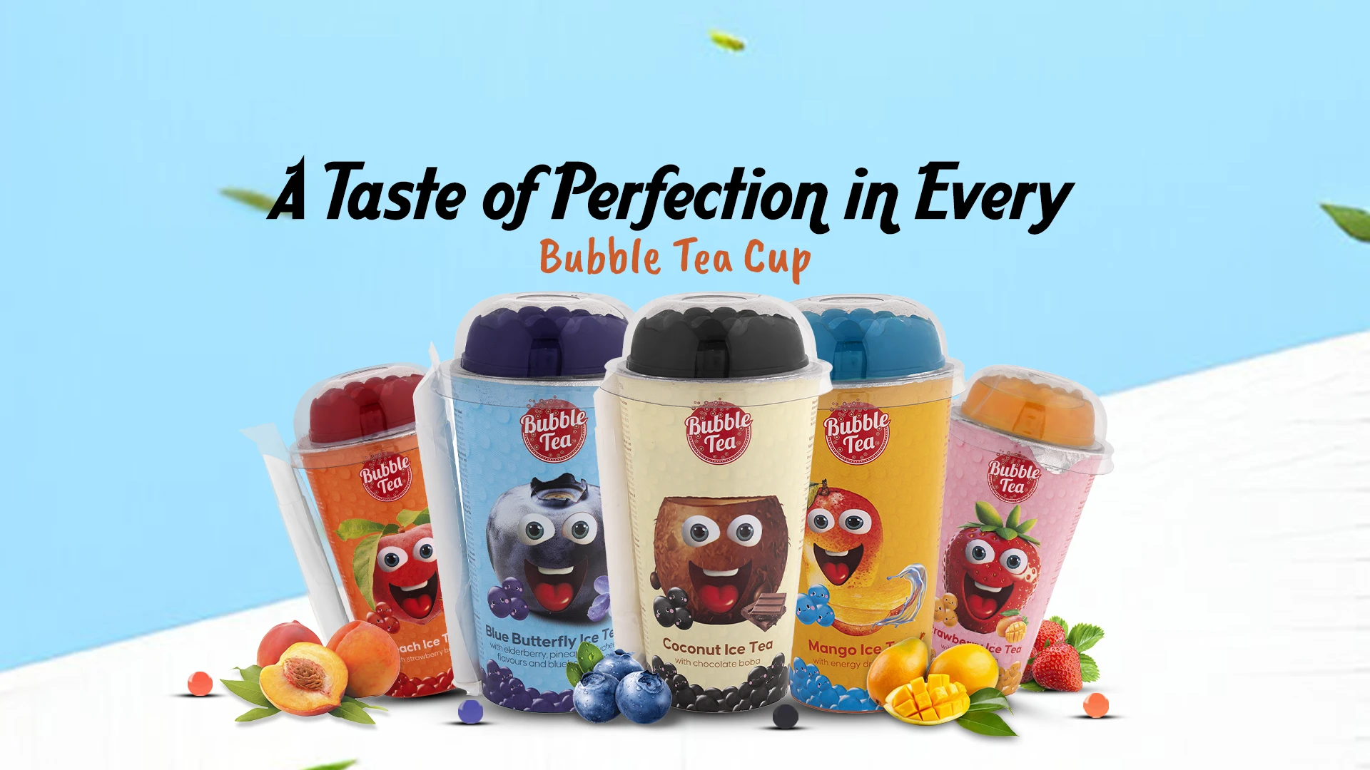 Colorful bubble tea cups in various flavors with fruit and boba decorations, featuring the slogan 'A Taste of Perfection in Every Bubble Tea Cup